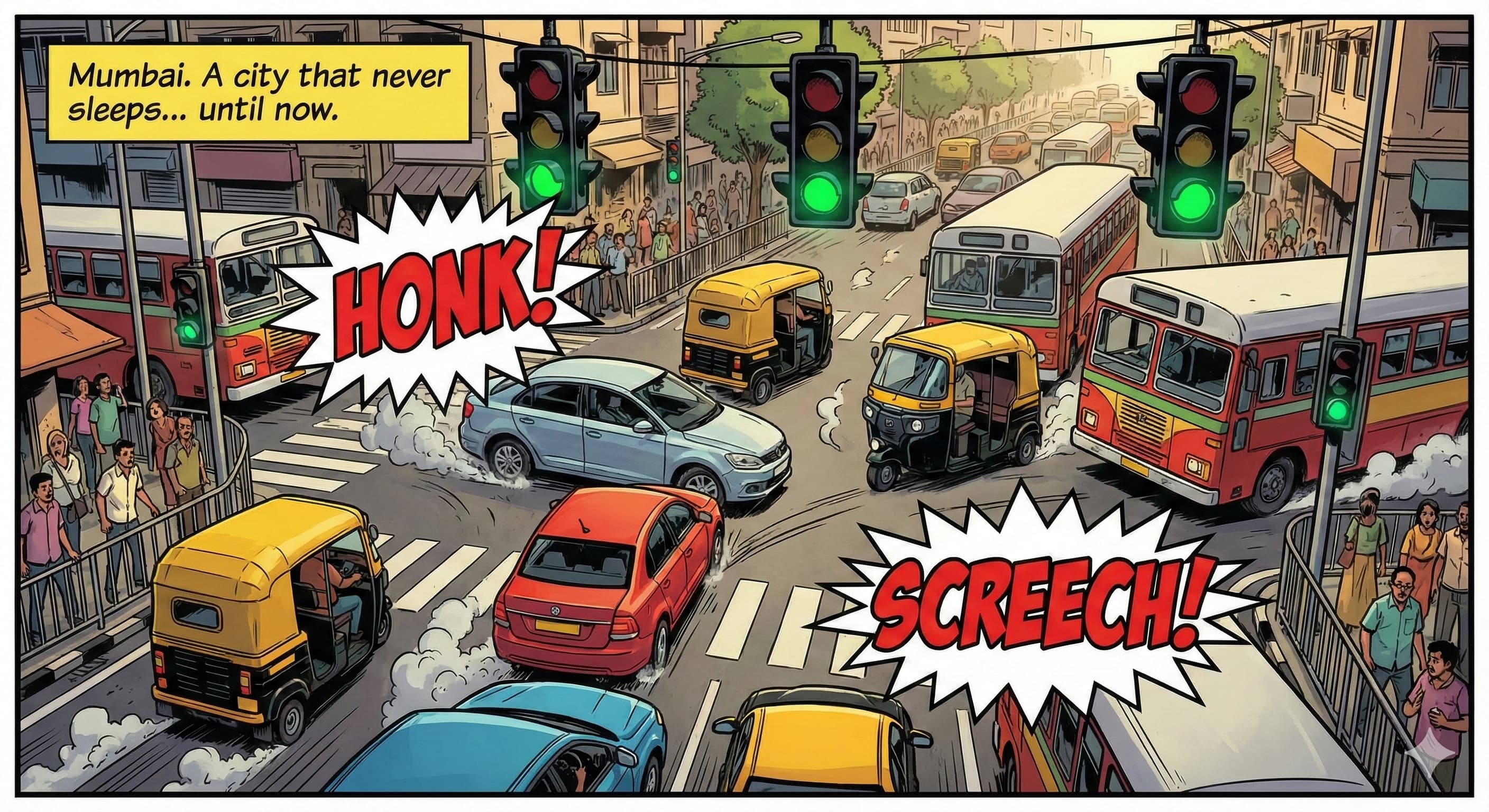 A chaotic street scene in Mumbai with all traffic lights turning green.