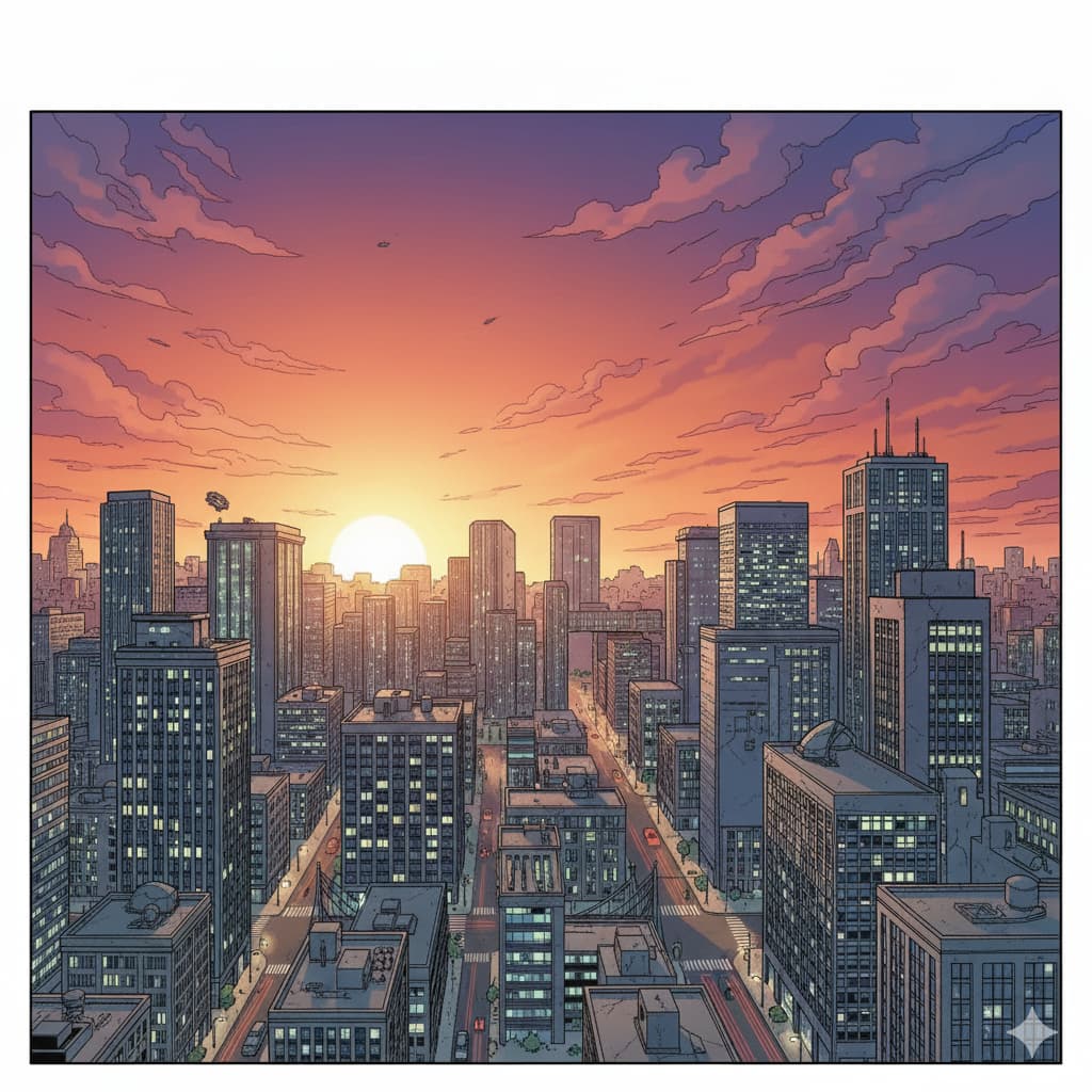 Peaceful city skyline at sunset