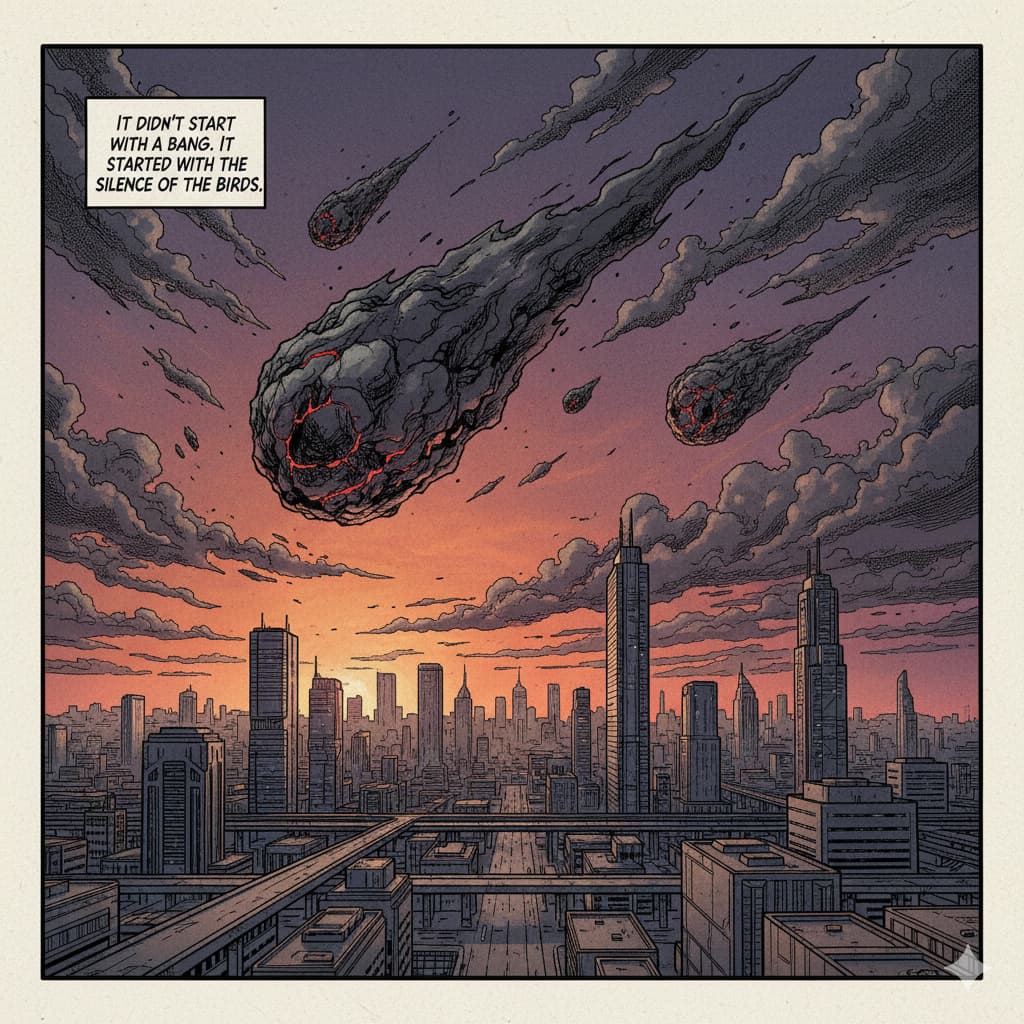 A city at sunset with a purple sky.